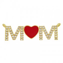Connecteur en Laiton Émaillé « MOM » en Forme de cœur avec Zircon 32 x 10 mm