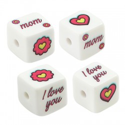 Acrylic Bead Cube "love mom" w/ Heart & Flower 15.5mm (Ø3mm)