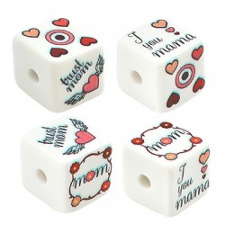 Acrylic Bead Cube "love mom" w/ Heart & Flower 15.5mm (Ø3mm)