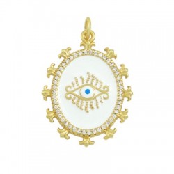 Brass Pendant Oval w/ Evil Eye Zircon & Enamel 21x7mm