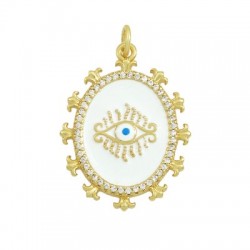 Brass Pendant Oval w/ Evil Eye Zircon & Enamel 21x7mm