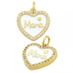Enameled Brass Charm Heart "Mama" with Zircon 14mm