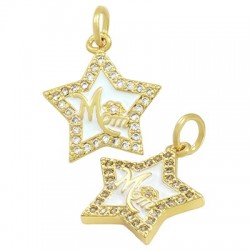 Enameled Brass Charm Star "Mom" with Zircon 15x16mm