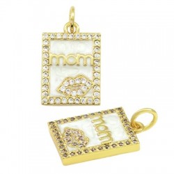 Brass Charm Tag "mom" w/ Lips Zircon & Enamel 11x16mm