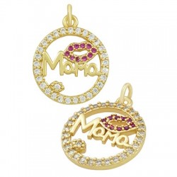 Breloque Ronde en Laiton « Mama » avec Lèvres et Zircon 14.5 mm