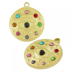 Breloque Ronde avec Œil, Pierre & Strass 21mm en Acier Inoxydable