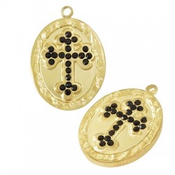 Ciondolo in Acciaio Inossidabile 304 Ovale con Croce e Cristalli 15x18mm