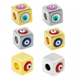 Brass Cube Bead w/ Evil Eye & Enamel 7mm (Ø3.2mm)