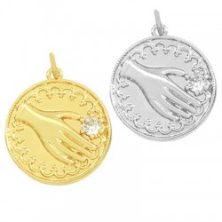 Breloque Ronde en Laiton avec Zircon et main 20 mm