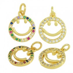 Brass Charm Round Smile Face w/ Zircon 12mm