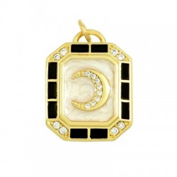 Brass Charm Octagon Moon w/ Zircon & Enamel 23x18mm