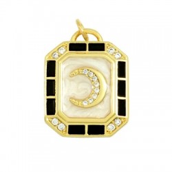 Colgante Metal Latón Octagonal Luna Circonitas Esmalte 23x18mm