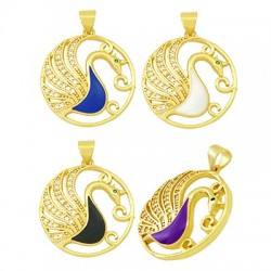 Enameled Brass Charm Round Peacock with Zircon 28mm