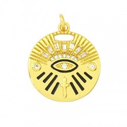 Brass Charm Round Evil Eye w/ Zircon & Enamel 20mm