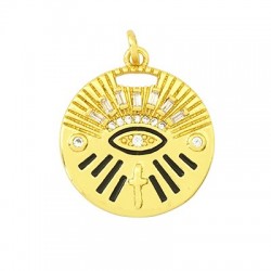 Enameled Zircon Brass Charm Round Evil Eye with Zircon 20mm
