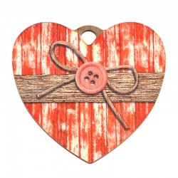 Wooden Lucky Pendant Heart w/ Bow & Button 59x52mm