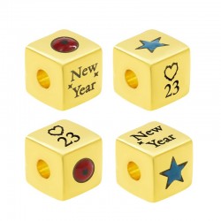 Brass Lucky Bead Cube "2023" w/ Evil Eye & Enamel 8mm (Ø3mm)