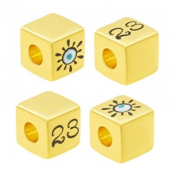 Brass Lucky Bead Cube "2023" w/Evil Eye & Enamel 10mm (Ø5.2)