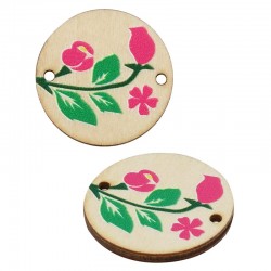 Wooden Connector Round w/ Flower & Leaf 24mm