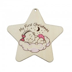 Wooden Lucky Pendant Star “First Christmas” w/ Girl 72x68mm