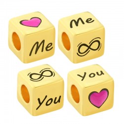 Brass Bead Cube "YOU ME" w/ Heart & Enamel 10mm (Ø5.2mm)