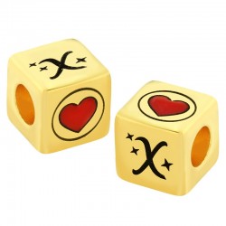 Brass Bead Cube "XOXO" w/ Heart & Enamel 10mm (Ø5.2mm)