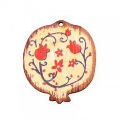 Wooden Lucky Pendant Pomegranate w/ Flowers 47x55mm