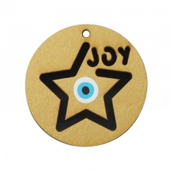 Wooden w/ Plexi Acrylic Pendant Round w/Evil Eye "joy" 45mm