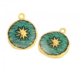 Enameled Brass Charm Round Sun 16mm