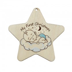 Wooden Lucky Pendant Star “First Christmas” w/ Boy 72x68mm