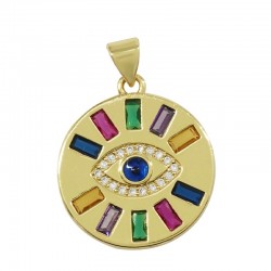 Brass Charm Round w/ Evil Eye & Zircon 20mm