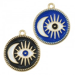 Enameled Zamak Charm Round with Evil Eye Moon 22mm