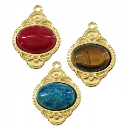 Stainless Steel 304 Charm Ethnic Rhombus with Stone 23.5x18mm