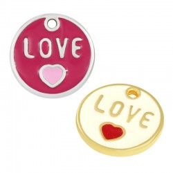 Zamak Charm Round "LOVE" w/ Heart & Enamel 16mm