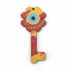 Wooden Lucky Pendant Key w/Clover &Evil Eye "SUCCESS"35x80mm