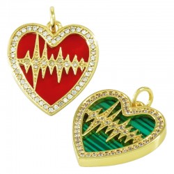 Brass Charm Heart w/ Heartbeat Zircon & Shell Base 18x19mm
