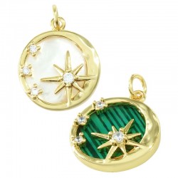 Brass Charm Round w/ Star Zircon & Shell Base 17mm