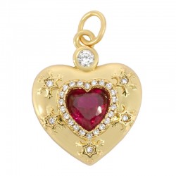 Brass Charm Heart w/ Stars & Zircon 15x18mm