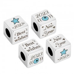 Brass Lucky Bead Cube "2023" w/ Evil Eye & Enamel 10mm(Ø5.2)