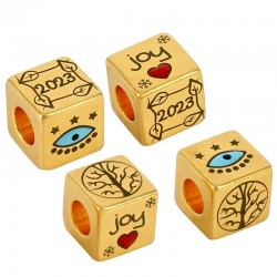 Brass Lucky Bead Cube "2023" w/ Evil Eye & Enamel 10mm(Ø5.2)