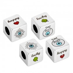 Brass Lucky Bead Cube "2023" w/ Evil Eye & Enamel 10mm(Ø5.2)
