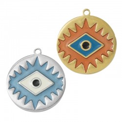 Stainless Steel 304 Charm Round w/ Evil Eye & Enamel 23mm