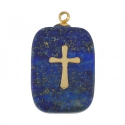 Lapis Charm Tag w/ Stainless Steel 304 Cross 13x21mm