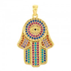 Brass Pendant Hamsa Hand w/ Evil Eye & Zircon 25x18mm