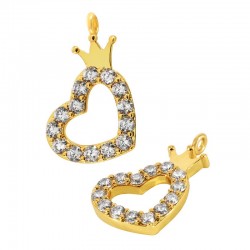 Brass Charm Heart with Crown & Zircon 12x16mm