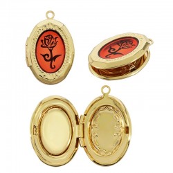 Brass Locket Pendant Oval w/ Rose & Enamel 21mm