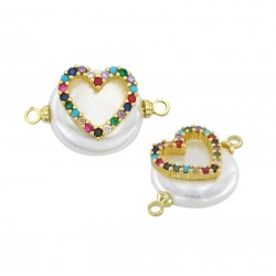 Fresh Water Pearl Connector Round Heart w/ Zircon 14mm