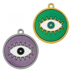 Stainless Steel 304 Charm Round w/ Evil Eye & Enamel 15mm