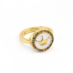 Brass Ring Round w/ Crown Zircon & Enamel 21x14mm