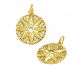 Brass Charm Round Compass Star Sun w/ Zircon 15mm